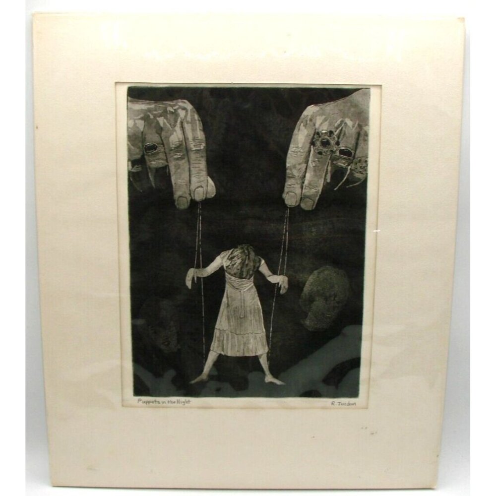 R. Jordan Signed Puppets in the Night Pencil Art Drawings Art Deco Matted Frame